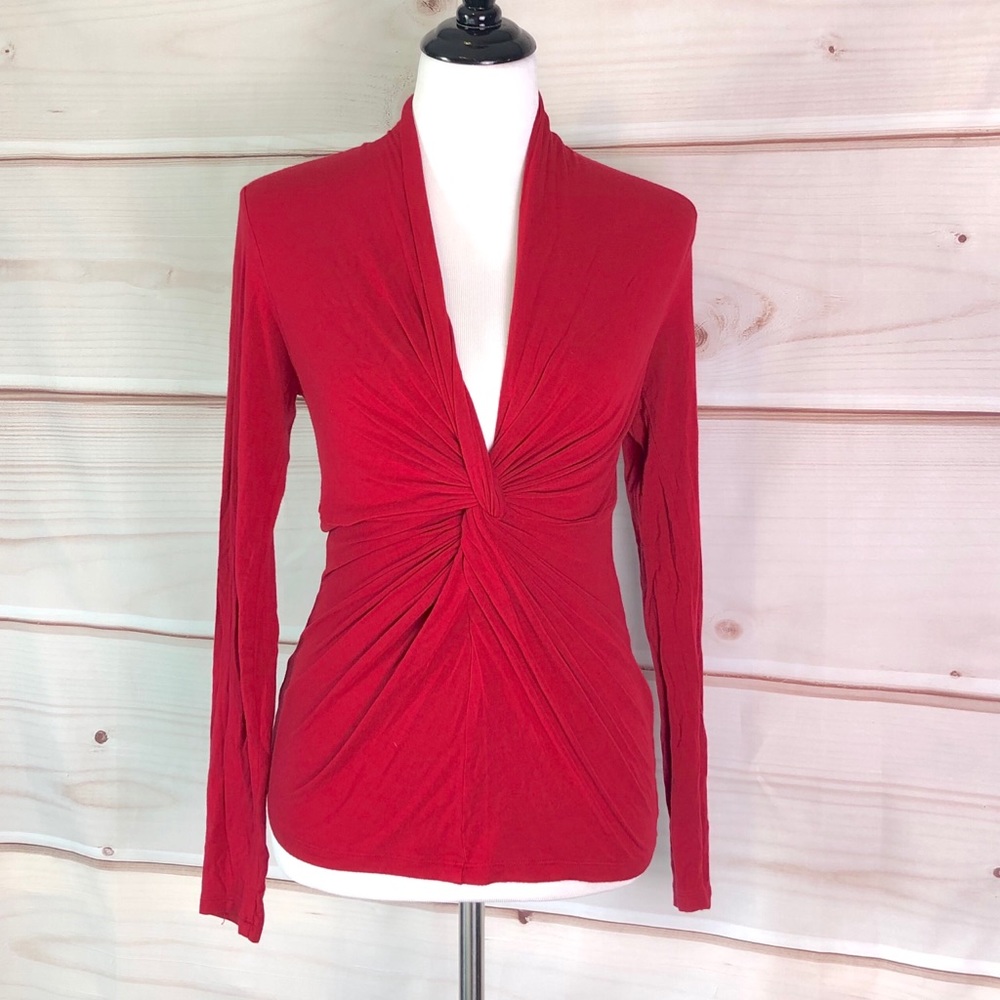CAbi Long Sleeve Knot Front Ruched Red Stretch Top